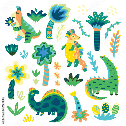Collection of lovely cartoon dinosaurs, leaves and trees. Vector illustration