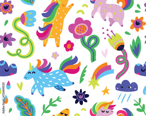 Seamless pattern with unicorns, flowers and clouds. Vector illustration