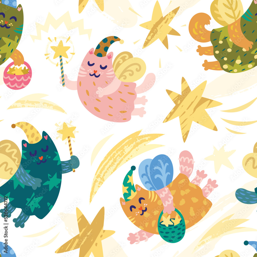 Obraz premium Fairy tale cats in magic caps with Magic wands. Seamless pattern in vector