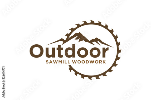 Outdoor mountain logo design carpenter circular saw icon symbol lumberjack woodwork