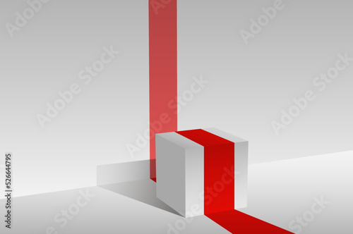Podium, red carpet and geometric shapes in white tones. An empty space for your design. 3d image.