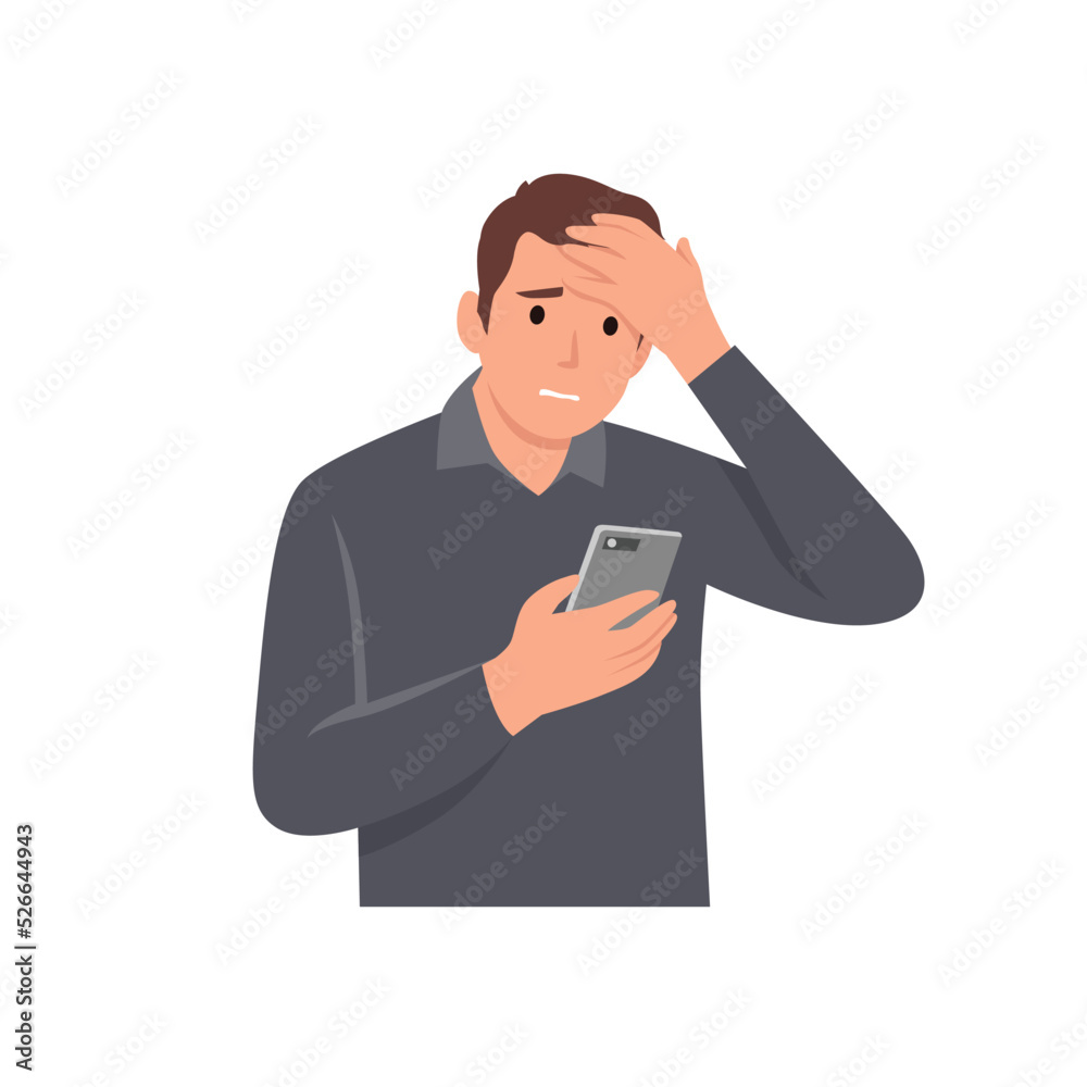 Young man unhappy looking at phone, he is feeling nervous of bad confused and disappointed. Flat vector illustration isolated on white background Young man unhappy looking at phone, he is feeling nervous of bad confused and disappointed. Flat vector illustration isolated on white background
