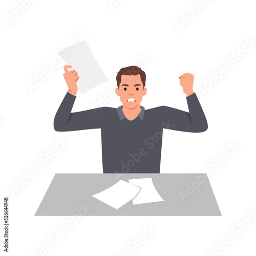 Young man angry. Workplace character scatter papers in office. Emotional burnout and low battery. Employee tired overworked worker or manager, aggressive person . Flat vector illustration