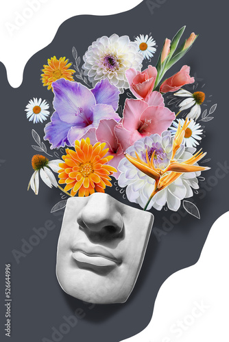 Smell. Inspiration, idea of life without allergies. Plaster nose with flowers. Modern art collage design. © unona art