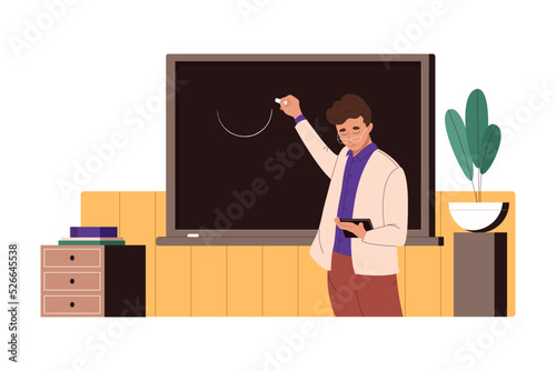 Male school teacher drawing curve on blackboard with chalk. Man lecturer teaching in class, conducting math lesson at chalkboard in classroom. flat vector illustration isolated on white background photo