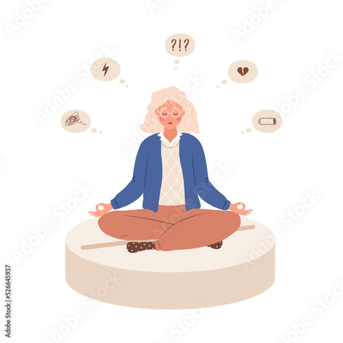 Sad woman is sitting on large pill. Depression drugs. Unhappy aged lady needs medical help. Psychological illness concept. Vector illustration in flat cartoon style.