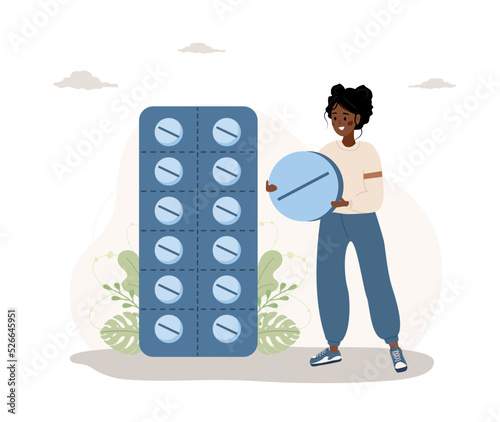 African woman with big pill. Meds in blisters. Antidepressants, vitamins and hormonal medications. Pharmacology and medical treatment. Vector illustration in flat cartoon style.