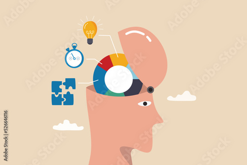 Cognitive ability skill to think and process solution or idea to solve problem in timely manner, intelligence, knowledge or aptitude test, human head brain with pie chart of idea, solution and time. photo