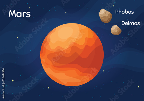Flat space planet Mars vector illustration. Galaxy space objects art on starry dark blue horizontal background with flat style planet Mars and satelites Phobos and Deimos for universe game design