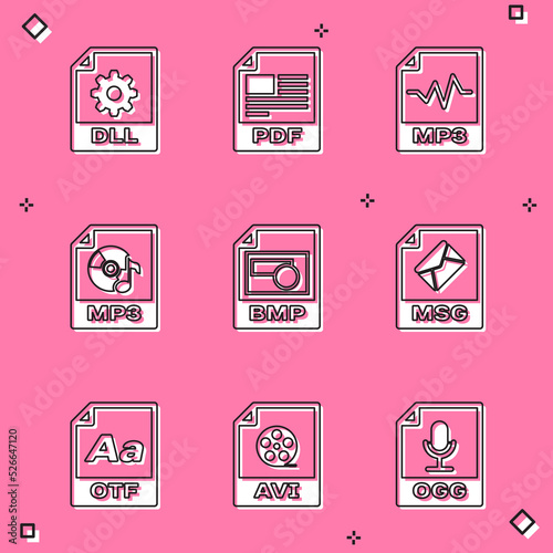Set DLL file document, PDF, MP3, , BMP and MSG icon. Vector