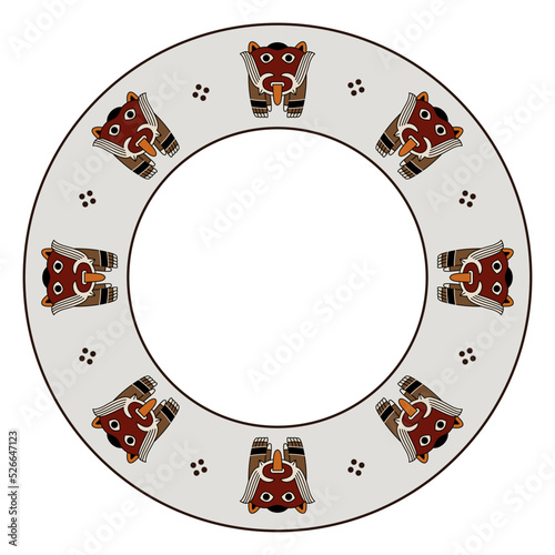 Round ethnic pattern or frame with Native American motifs from ancient Peru. Fantastic animals from Nazca pottery design.