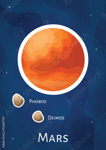 Comic space planet Mars sticker concept art, cartoon astronomical sphere with satelites Phobos and Deimos illustration label, flat round solar system object graphic patch on blue cosmic background