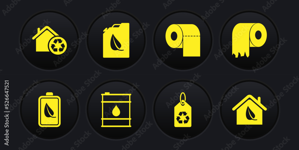 Set Eco nature leaf and battery, Toilet paper roll, Oil barrel, Tag with recycle, Bio fuel canister, friendly house and House recycling icon. Vector Set Eco nature leaf and battery, Toilet paper roll, Oil barrel, Tag with recycle, Bio fuel canister, friendly house and House recycling icon. Vector