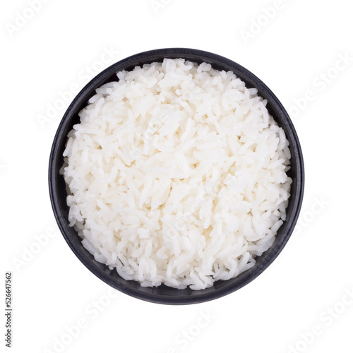 Rice in black bowl isolated on white background. Top view
