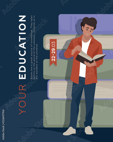 Guy with a book. Banner on the book theme. Vector image.