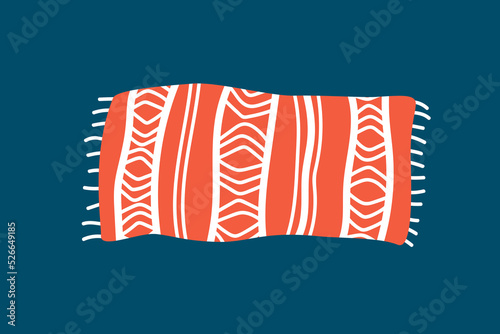 Orange beach litter with ornament or plaid outdoor picnic blanket, or terry towel isolated on white background. Flat vector cartoon illustration, clipart.