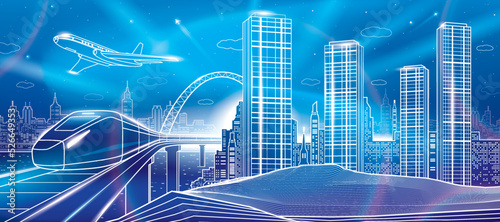 Train move on bridge above sea. Night city. Towers and skyscrapers, infrastructure and transport illustration. Airplane fly. White outlines at blue neon glow background, vector design art