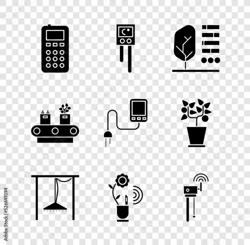 Set Remote control, Temperature and humidity sensor, Plant status, Automatic irrigation sprinklers, Smart farming technology, Router wi-fi signal, Conveyor belt with box and Sensor icon. Vector