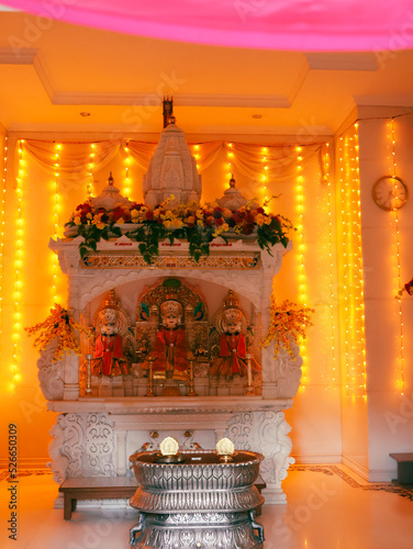 Bangalore, India 29th August 2022:  Beautiful Interior decoration and designs in a Jain temple. Jainism. Pooja in Jain Derasar. shwetambar jain mandirvasi. Holy divine place. photo