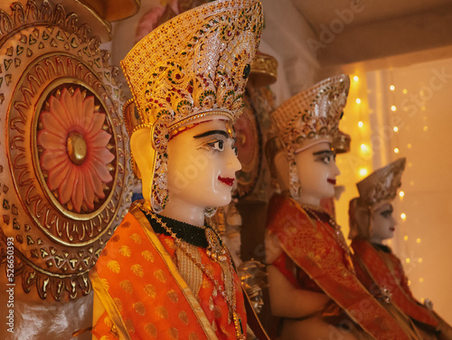 Bangalore, India 29th August 2022:  Beautiful Interior decoration and designs in a Jain temple. Jainism. Pooja in Jain Derasar. shwetambar jain mandirvasi. Holy divine place.