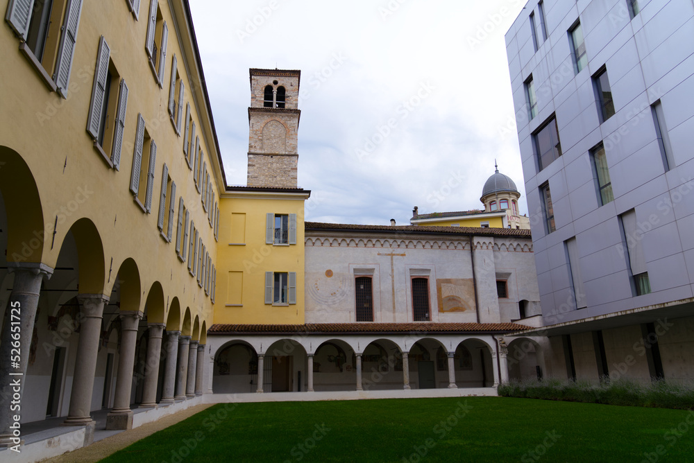 Old town of City of Lugano with church and cloister on a cloudy summer day. Photo taken July 4th, 2022, Lugano, Switzerland.