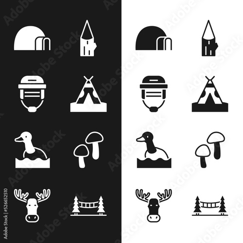 Set Indian teepee or wigwam, Hockey helmet, Igloo ice house, Wooden log, Flying duck, Mushroom, Capilano Suspension Bridge and Moose head with horns icon. Vector