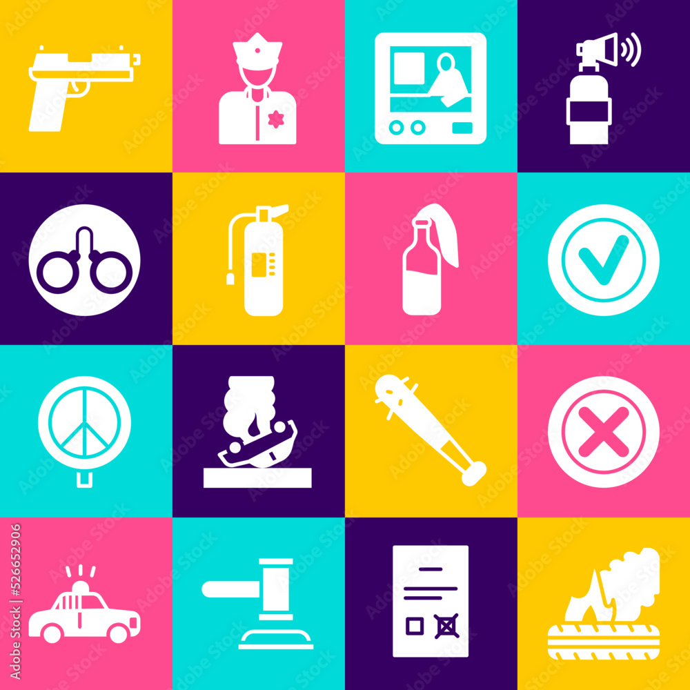Set Lying burning tires, X Mark, Cross circle, Check mark round, Television report, Fire extinguisher, Handcuffs, Pistol gun and Cocktail molotov icon. Vector Set Lying burning tires, X Mark, Cross circle, Check mark round, Television report, Fire extinguisher, Handcuffs, Pistol gun and Cocktail molotov icon. Vector