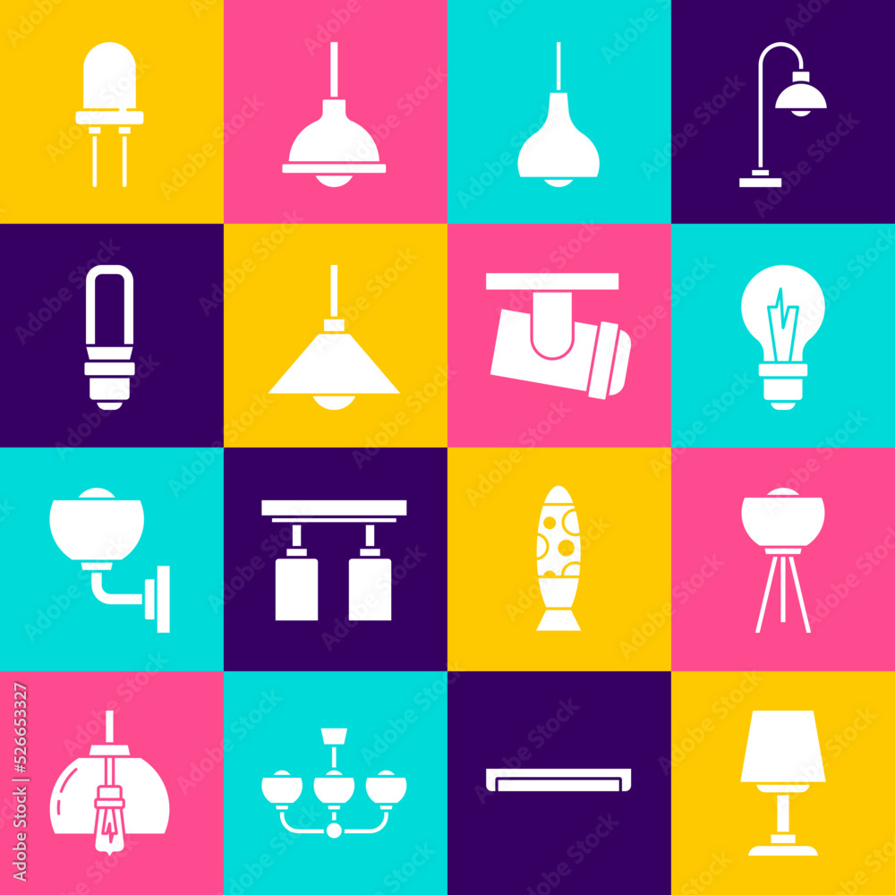Set Table lamp, Floor, Light bulb, Lamp hanging, LED light, emitting diode and Led track lights and lamps icon. Vector Set Table lamp, Floor, Light bulb, Lamp hanging, LED light, emitting diode and Led track lights and lamps icon. Vector
