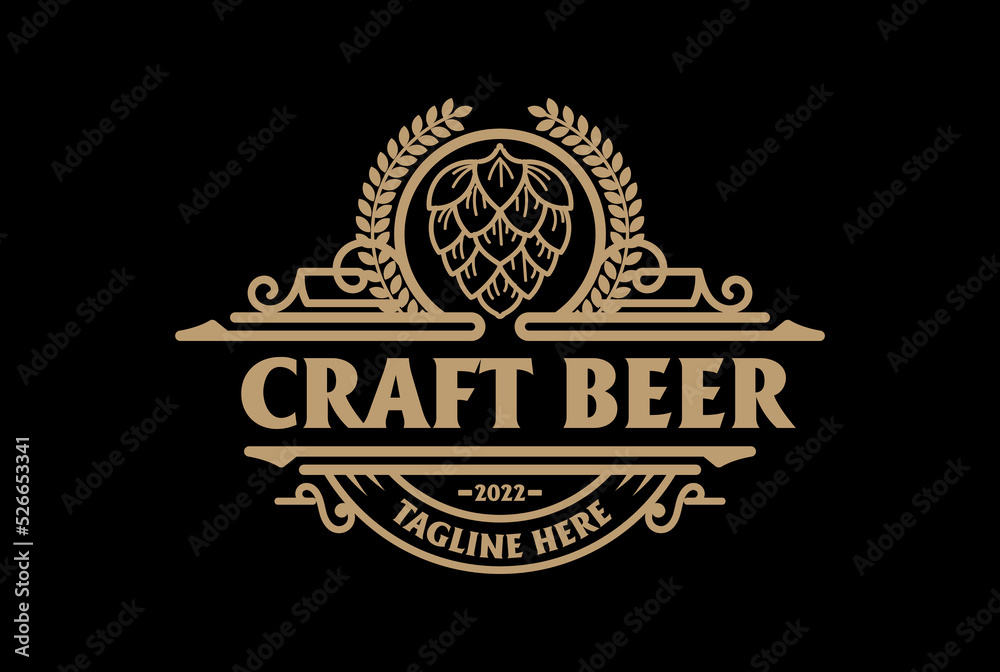 Vintage Hops Flower with Wheat Laurel Leaf Badge Emblem Label for Craft Beer Brewing Brewery Logo Design