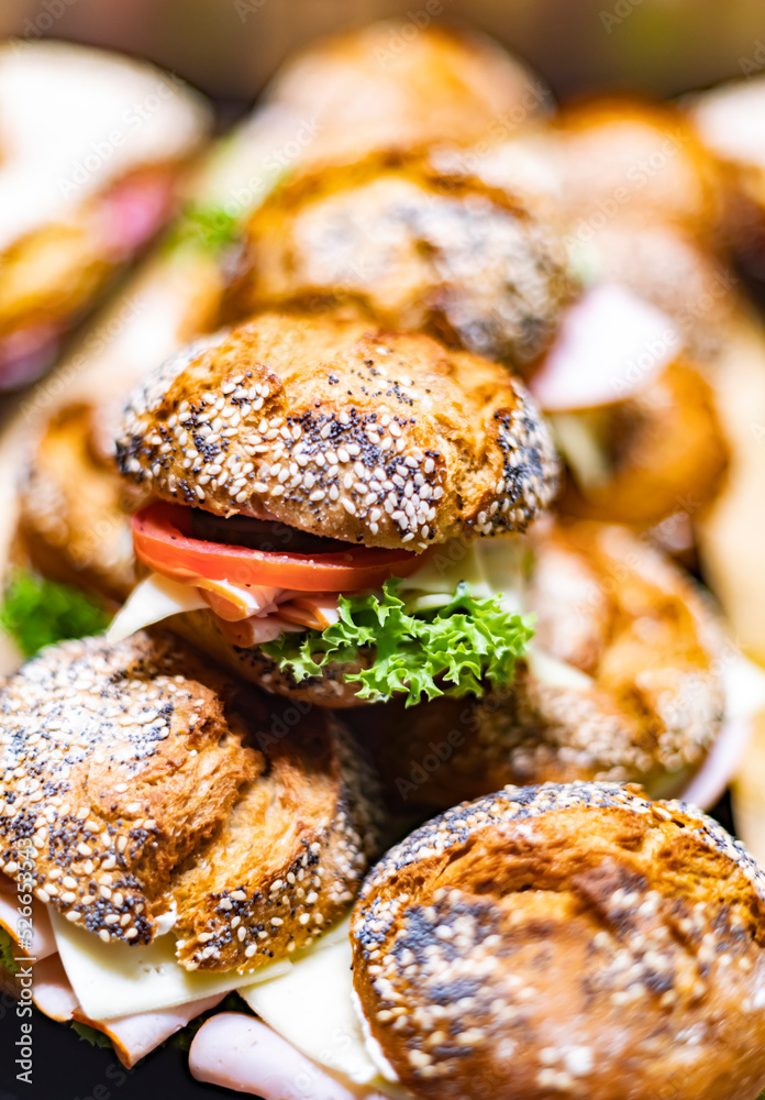 Freshly prepared sandwiches sold in a fast food restaurant Freshly prepared sandwiches sold in a fast food restaurant