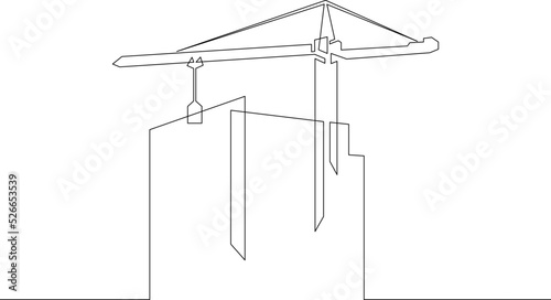 One continuous line.Womens shoes.Construction of multi-storey buildings. Tower crane. Construction of city houses. Construction cranes.One continuous line is drawn on a white background.