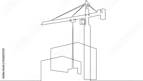 One continuous line.Womens shoes.Construction of multi-storey buildings. Tower crane. Construction of city houses. Construction cranes.One continuous line is drawn on a white background.