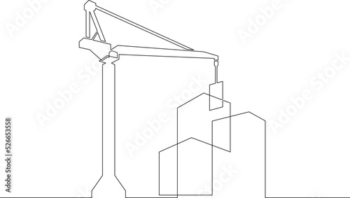 One continuous line.Womens shoes.Construction of multi-storey buildings. Tower crane. Construction of city houses. Construction cranes.One continuous line is drawn on a white background.