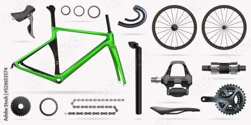 Vector illustration, set of spare parts of bicycle components