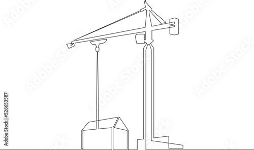 One continuous line.Womens shoes.Construction of multi-storey buildings. Tower crane. Construction of city houses. Construction cranes.One continuous line is drawn on a white background.