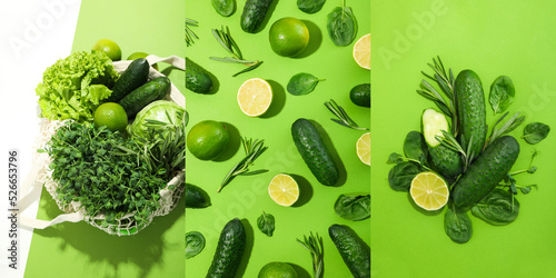 Collage of photos of fresh green food