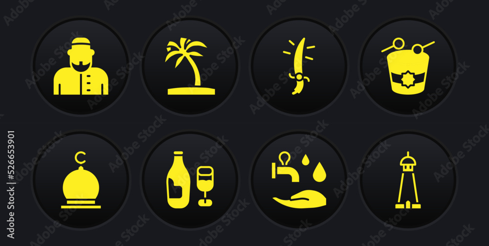 Set Muslim Mosque, Ramadan drum, Wine bottle with glass, Wudhu, Arabian saber, Tropical palm tree, tower or minaret and man icon. Vector Set Muslim Mosque, Ramadan drum, Wine bottle with glass, Wudhu, Arabian saber, Tropical palm tree, tower or minaret and man icon. Vector