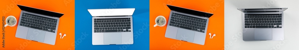 Collage of photos of open laptop on color backgrounds Collage of photos of open laptop on color backgrounds