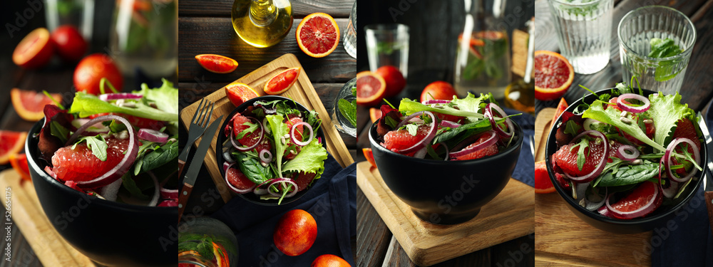 Collage of photos of salad with red orange
