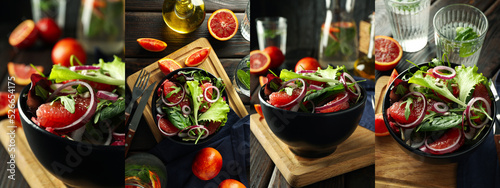 Fotografia Collage of photos of salad with red orange