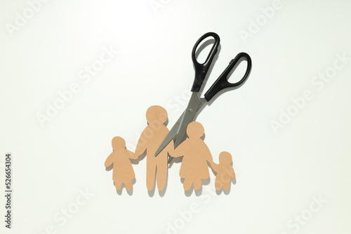 Concept of divorce on white background, paper shape family and scissors on white background