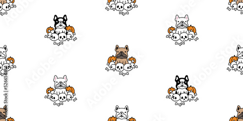 dog seamless pattern french bulldog Halloween pumpkin skull bone vector cartoon spooky puppy pet tile background gift wrapping paper scarf isolated repeat wallpaper doodle character illustration desig
