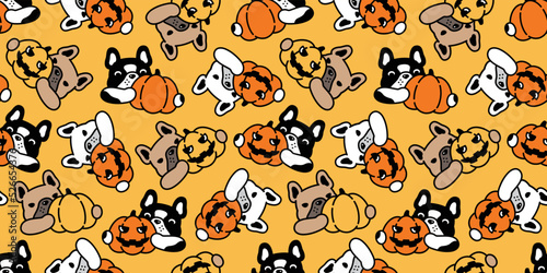 dog seamless pattern french bulldog pumpkin Halloween jack o lantern vector cartoon character spooky puppy pet tile background gift wrapping paper scarf isolated repeat wallpaper doodle illustration d © CNuisin
