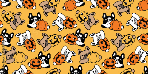 dog seamless pattern french bulldog pumpkin Halloween jack o lantern vector cartoon character spooky puppy pet tile background gift wrapping paper scarf isolated repeat wallpaper doodle illustration d
