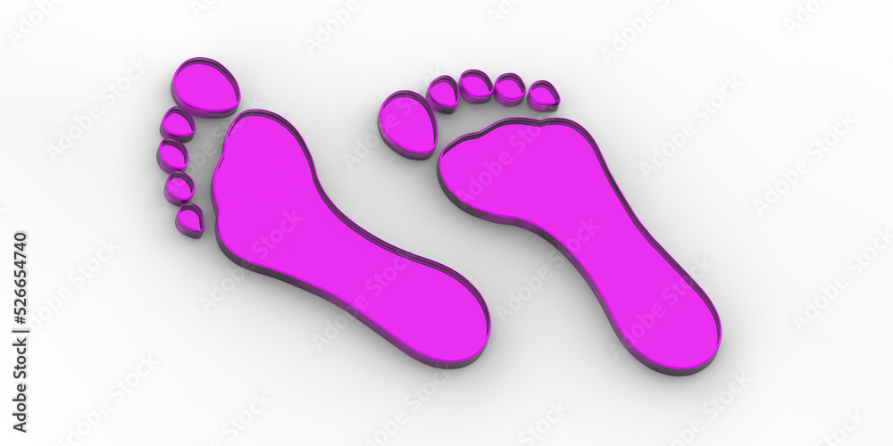 two violet glass bare footprints. bare footprint close up. Banner for insertion into site. Place for text cope space. 3D image. 3D rendering.