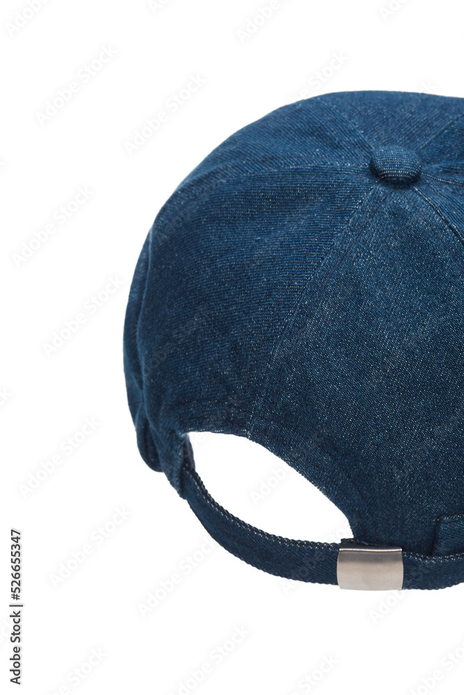 Naklejka premium Close-up shot of a blue denim docker cap with a turn up brim. A men's ripped cap with an adjustable strap fastening is isolated on a white background. Top back view.