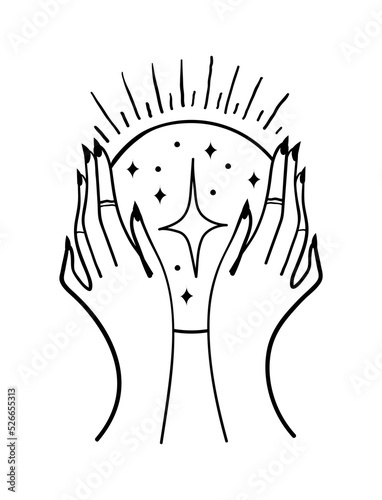 Two female hands hold a magic ball, boho tattoo, halloween sticker. Vector hand drawing isolated on white background.