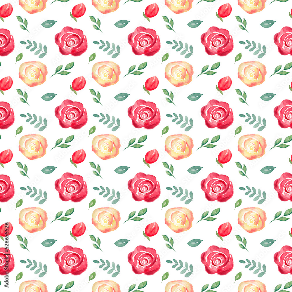 Seamless pattern with watercolor flowers and leaves.