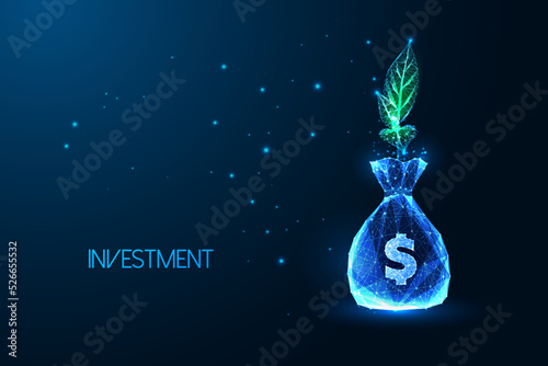 Concept of investment, income growth, fund payments with money bag and sprout plant on dark blue