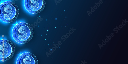 Money, finances futuristic blue background with dollar coins and copy space for text